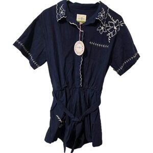 Umgee Button Down Navy Romper Tie Elastic Waist Embroidered Design Small NWT